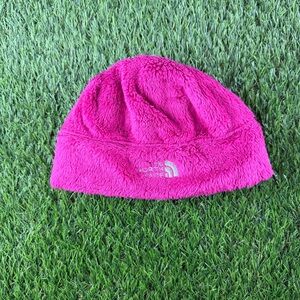 The North Face Size Youth Small Hot Pink w/ Silver Logo Fleece Beanie Hat EUC